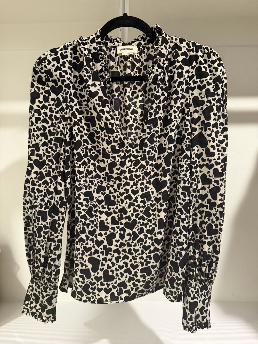 Zadig & Voltaire Black and White Heart-Print Ruffle V-Neck Blouse